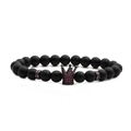 Bracciale di pietre nere opache con ciondolo a corona e cristalli di zircone rosa - Nero Opaco Bracciale in Zircone Rosso Rosa