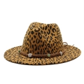 Classic leopard print wool fedora hat with wide brim and beaded woven band for unisex wear - M (56-59cm) / Dark Orange