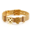 Pulsera ajustable de malla dorada con colgantes de trébol y rosa en acero inoxidable - Dorado