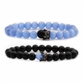 Bracciali di pietre nere opache e occhio di gatto blu con ciondoli corona per coppie - Set Corona per Coppie / Occhio di Gato Blu e Nero Opaco Set