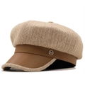 Khaki knitted newsboy cap with brown faux leather brim and metal M initial accent - M (56-58cm) / Khaki