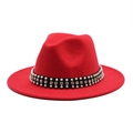 Detailed view of red wool fedora hat featuring black band with pearls and rhinestones - M (55-58cm) / Red