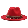 Detail of red wool fedora with bohemian embroidered band and silver coin pendants - M (55-58cm) / Red