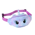 Detailaufnahme der flauschigen Einhorn-Gürteltasche mit Farbverlauf und Glitzerhorn - Pastelllila Große Augen