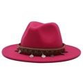 Detail of fuchsia wool fedora hat featuring ethnic woven band and silver metal charms - Rose Red