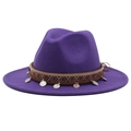 Detail of purple fedora wool hat featuring ethnic woven band and vintage metal coins - M (55-58cm) / Purple