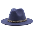 Detailed close-up of a navy blue wool fedora hat with a rhinestone woven band decoration - Navy Blue