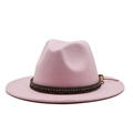 Detail of pink wool fedora hat featuring a woven band with sparkling rhinestone accents - Pink