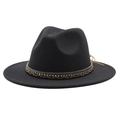 Detail of black wool fedora hat featuring a woven leather band with rhinestone accents - Black