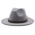 Close-up of light grey wool jazz hat with rhinestone-embedded braided decorative band - Light Gray