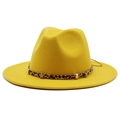 Detail of yellow wool fedora hat with leopard print band and gold star metallic studs - M (55-58cm) / Yellow