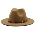 Detail of khaki wool fedora hat with leopard print band and gold star metal buckle - Camel