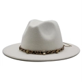 White wool fedora hat with leopard print band and gold star charms for women - White