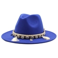 Royal blue wool fedora hat with ethnic woven band, sea shells and tassels on white background - Sapphire Blue