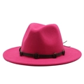 Close-up of fuchsia wool fedora hat with vintage leather band and metal buckle detail - Rose Red