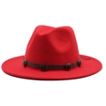 Classic red wide brim wool fedora hat with vintage brown buckle leather band detail - M (55-58cm) / Red