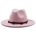 Pink wool fedora hat with a wide flat brim and dark brown decorative band and buckles - Pink