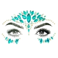 Detailed view of teal and AB crystal face gems applied to forehead and around eyes - BL194/Blue Green Iridescent AB Style
