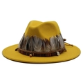 Detail of yellow wool fedora hat featuring feathers, ethnic ribbon, and coin charms - M (55-58cm) / Yellow