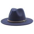 Detail of navy wool fedora hat featuring a brown leather band with silver metal bead trim - Navy Blue