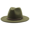 Close-up of olive green wool fedora hat with studded leather band and wide flat brim - Army Green