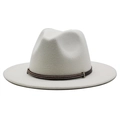 Close-up of white wool fedora hat featuring a brown leather band and metallic zipper detail - White