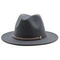 Detail of grey wool felt fedora featuring a brown leather band and metallic bead trim - Dark Gray