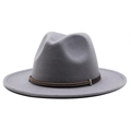 Detail of grey wool felt fedora hat featuring a brown leather band with silver bead accents - Light Gray