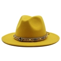 Detail of yellow fedora hat featuring a stone-inlaid woven band and metallic chain accents - M (55-58cm) / Yellow