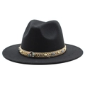Classic black wool fedora hat with elegant gold braided band and colorful stone accents - M (55-58cm) / Black