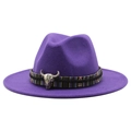 Detail of dark purple wool fedora hat featuring a bull skull ornament and ethnic band - M (55-58cm) / Purple