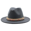 Close-up of the grey fedora hat with bohemian style beads, twine, and rhinestone trim - Dark Gray