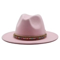 Pink wool felt fedora jazz hat with bohemian colorful beaded ribbon and wide flat brim - Pink