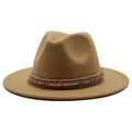 Detailed close-up of fedora hat ribbon with colorful beads and rhinestone accents - Camel