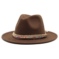 Detail of dark brown fedora featuring bohemian braided rope with colorful beads and sequins - Dark Coffee