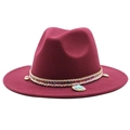 Detail of burgundy wool fedora with ethnic woven band, shells, and turquoise stone - Burgundy