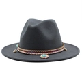 Detail of dark grey wool fedora with ethnic band, woven cord and turquoise shell charm - Dark Gray