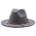 Close-up of grey fedora with ethnic woven band featuring natural shells and turquoise bead - Light Gray
