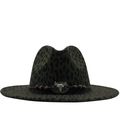 Cappello fedora leopardato in feltro con fascia di perline di legno e teschio di toro - M (56-58cm) / Leopardo Verde