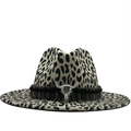 Detail of leopard print fedora with ethnic woven band and silver bull head ornament - Beige Leopard
