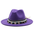 Detailed view of purple wool felt fedora with bohemian turquoise and coin decorative band - M (55-58cm) / Purple