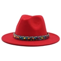 Red wool fedora hat with wide brim and colorful ethnic beaded band for women - M (55-58cm) / Red