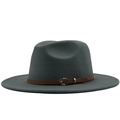 Classic grey felt fedora hat featuring a brown faux leather band and gold buckle - Gray