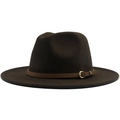 Deep brown wool fedora hat with light brown leather band and gold metal buckle - Coffee