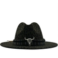 Wide brim leopard print felt fedora with ethnic band and silver bull skull ornament - M(56-58cm) / Green