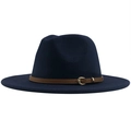 Detail of dark blue wool fedora hat featuring a brown leather band and golden buckle - Navy Blue