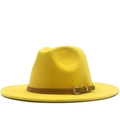 Elegant yellow felt fedora hat with a brown leather band and gold buckle detail - M (56-58cm) / Yellow