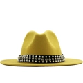 Cappello fedora in feltro giallo a tesa larga con eleganti perle e decorazione strass - M (56-58cm) / Giallo