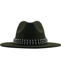 Classico cappello fedora verde oliva scuro con nastro di perle e strass eleganti - M (56-58cm) / Verde