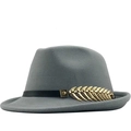 Cappello fedora in lana grigia con cinturino in pelle nera e piuma dorata decorativa - M(56-58cm) / Grigio